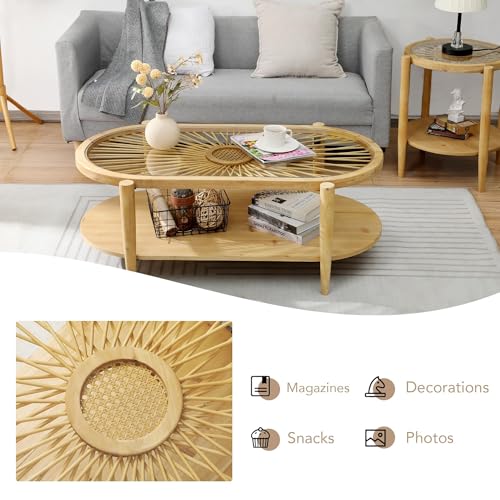2-Tier Round Rattan Coffee Table with Tempered Glass Top and Wood Legs B3118