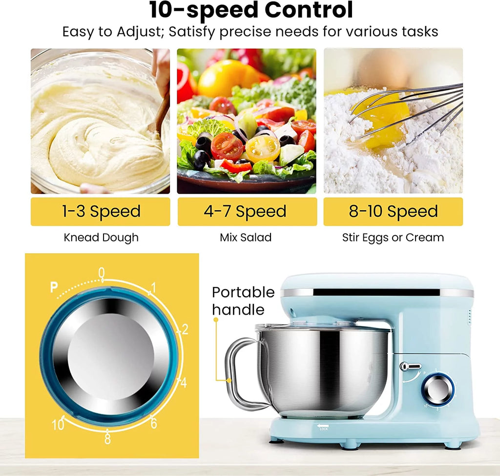 660W 10 Speed 6 Quart Tilt-Head Electric Stand Mixer with Beater, Dough Hook, Wire Whip and Egg Separator, Blue K798990