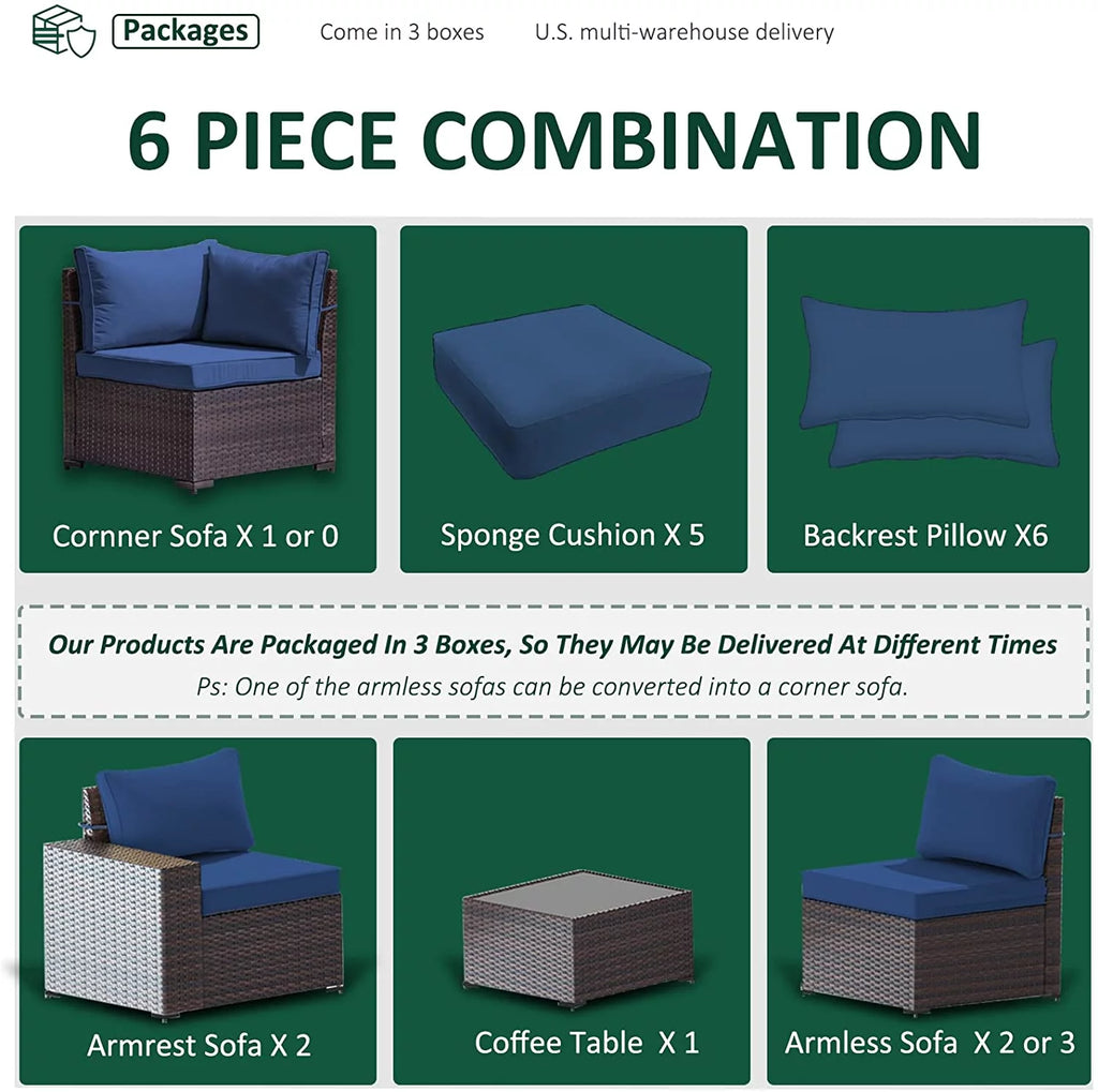 6 Pieces PE Wicker Outdoor Patio Sectional Sofa Set Z37387