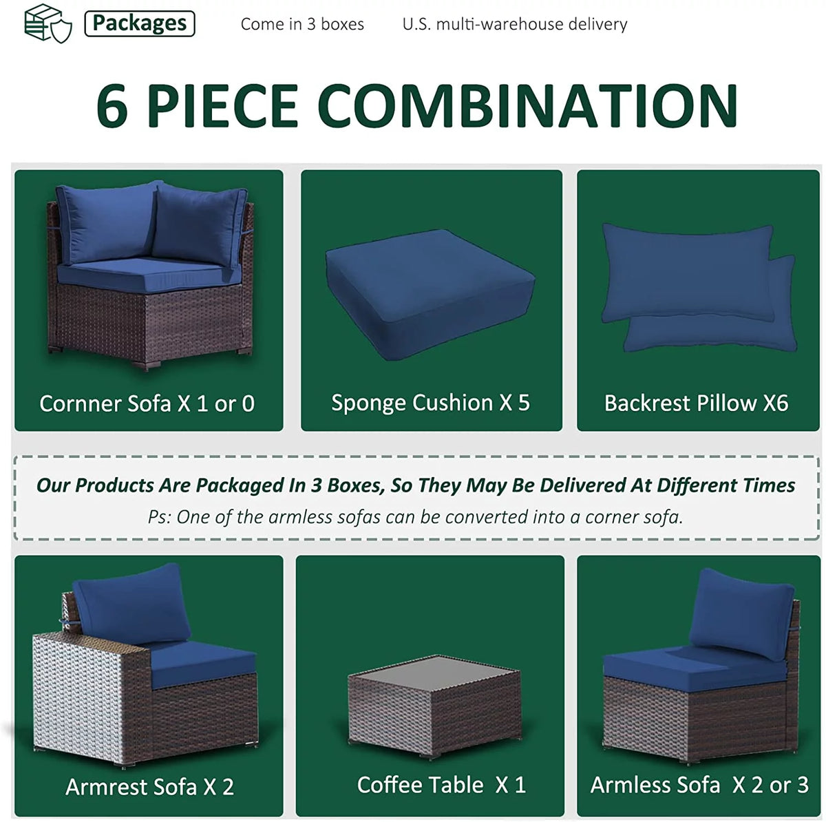 6 Pieces PE Wicker Outdoor Patio Sectional Sofa Set Z37387