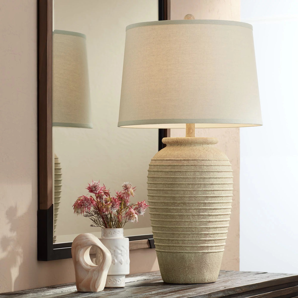 28" Tall Table Lamp with Cream Linen Drum Shade X927