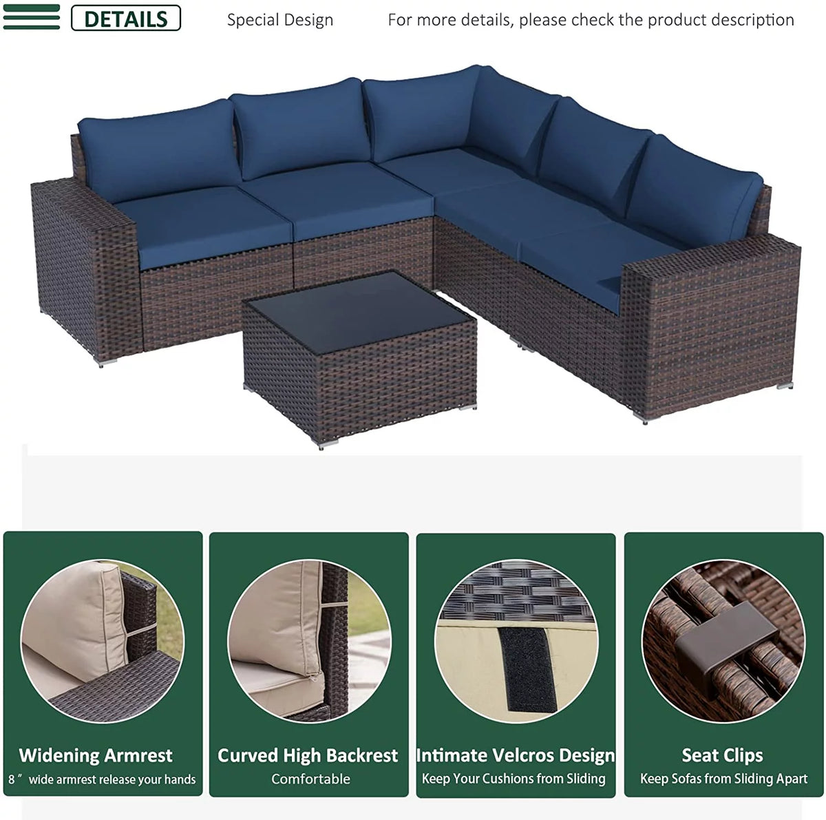6 Pieces PE Wicker Outdoor Patio Sectional Sofa Set Z37387