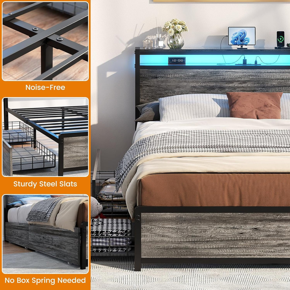 Black Oak Queen Size Bed Frame with 4 Storage Drawers Y82499