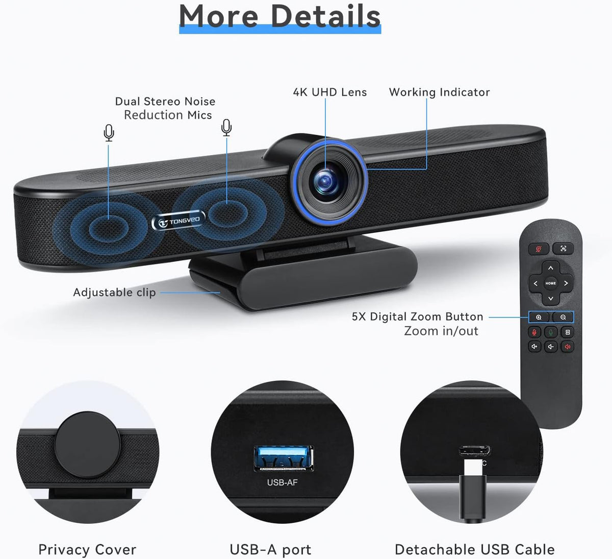 4K Webcam with Microphone and Speaker, 5X Digital Zoom, Privacy Cover, 120° Wide Field View T506