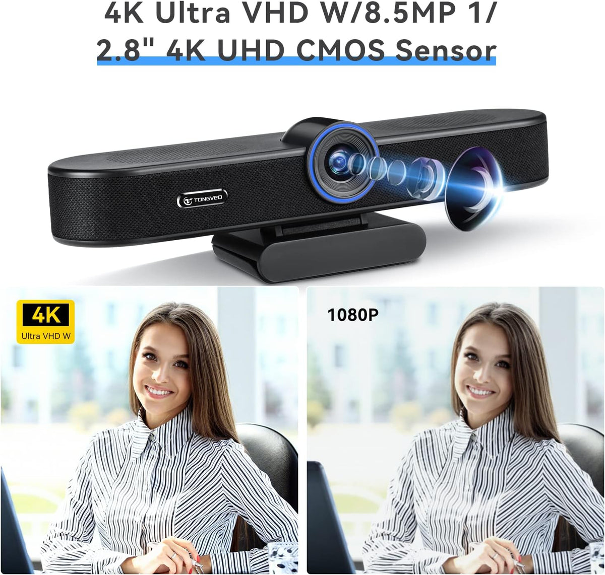 4K Webcam with Microphone and Speaker, 5X Digital Zoom, Privacy Cover, 120° Wide Field View T506