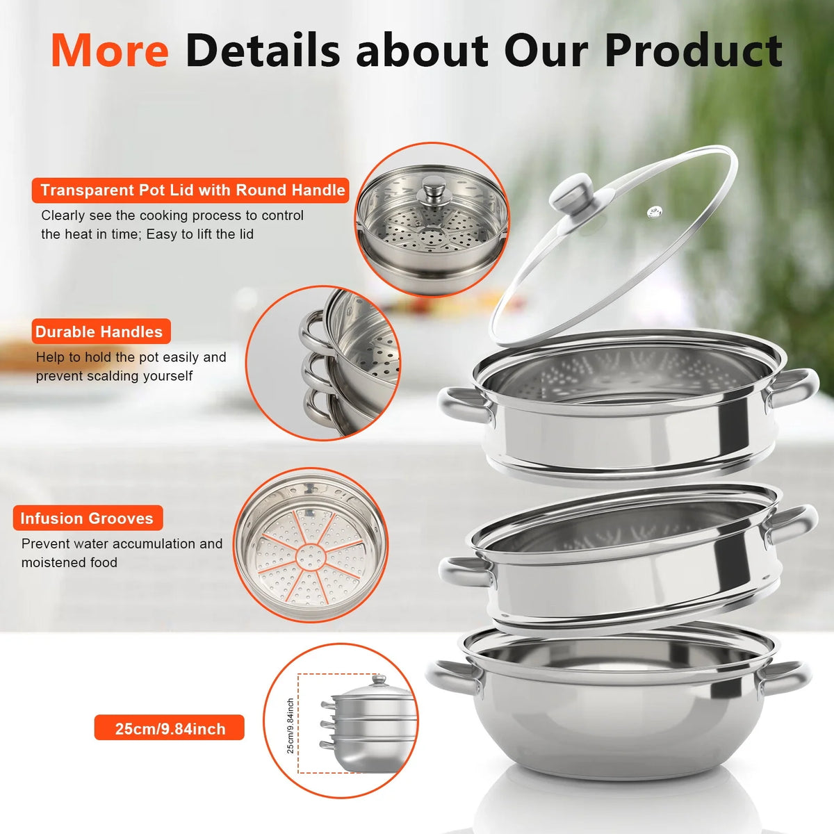 3 Tiers Stainless Steel Steaming Pot with Glass Lid I272503