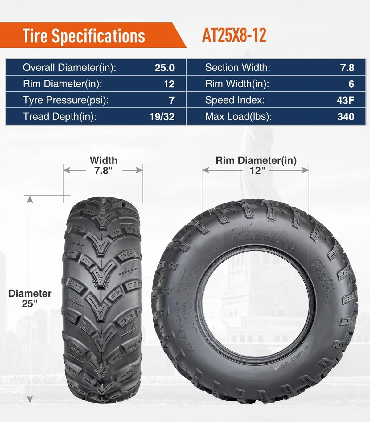 25x8-12 Front & 25x10-12 Rear All Terrain Tires Set of 4 D948460