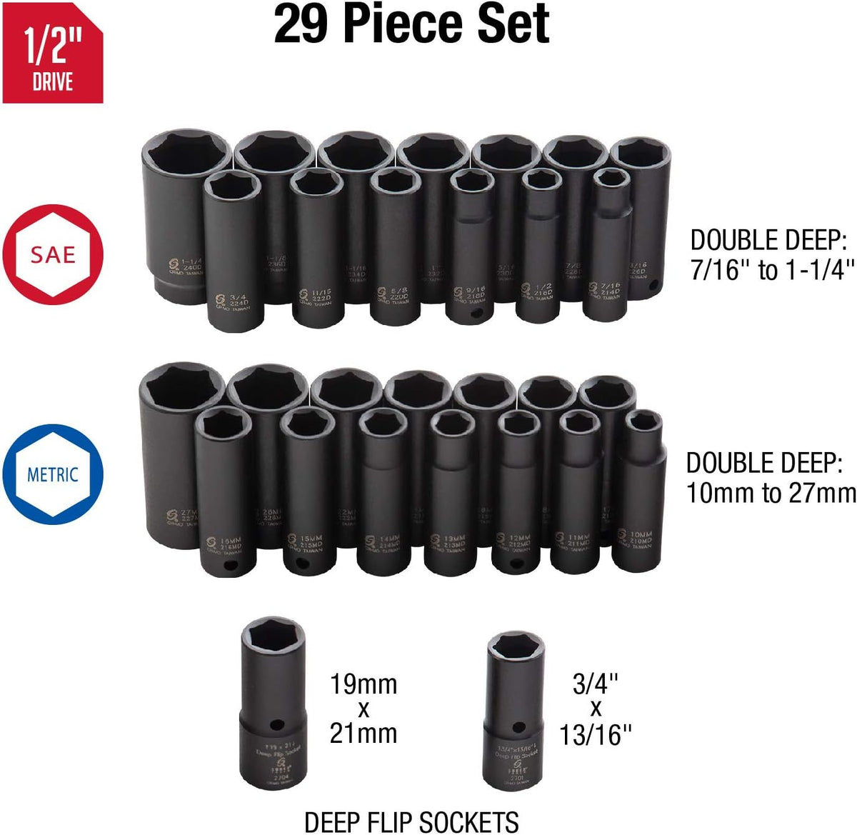 1/2 Inch Drive Master Impact Socket Set, 29-Piece, Cr-Mo Steel V11073