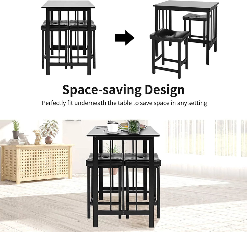 Black 3 Piece Dining Table Set with 2 Faux Leather Backless Stools A671