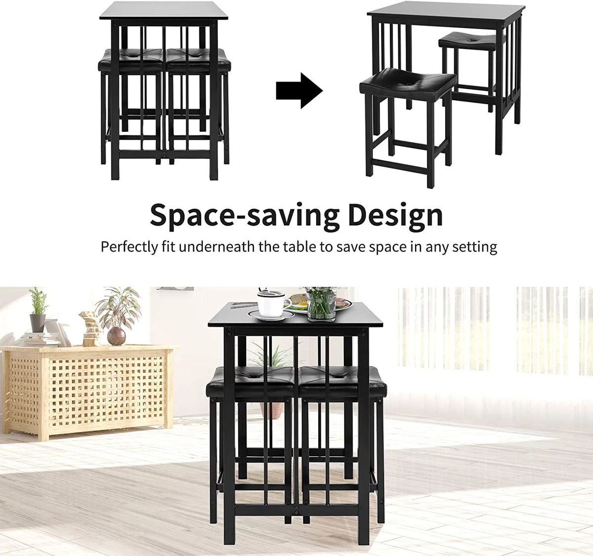 Black 3 Piece Dining Table Set with 2 Faux Leather Backless Stools A671