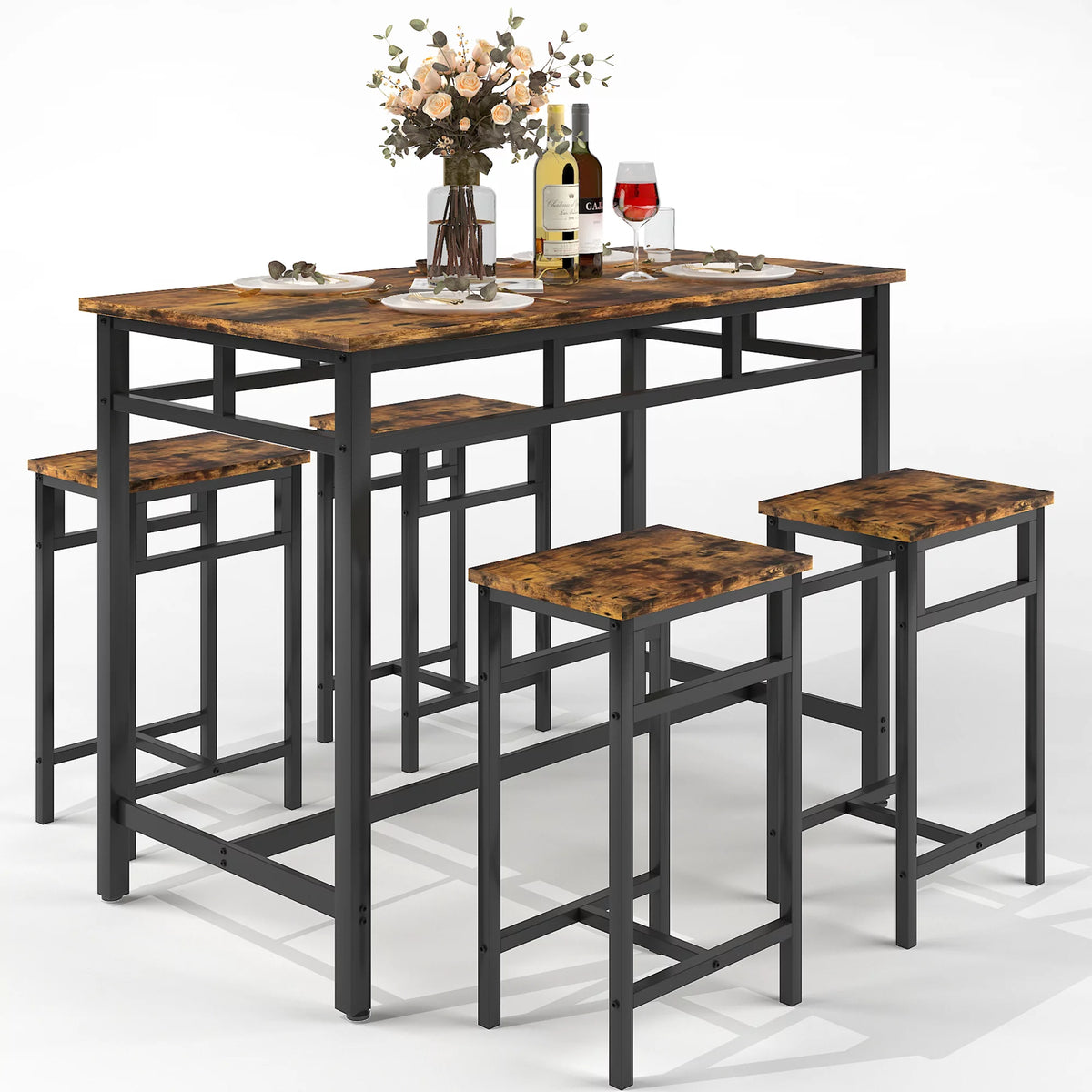 5 Piece Wooden Metal Dining Table and Stools Set J994