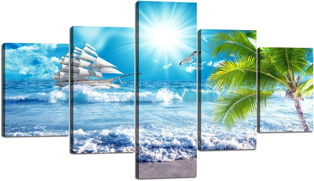 Blue Clear Ocean Seascape Canvas Wall Art with Frame 50''Wx24''H M120244