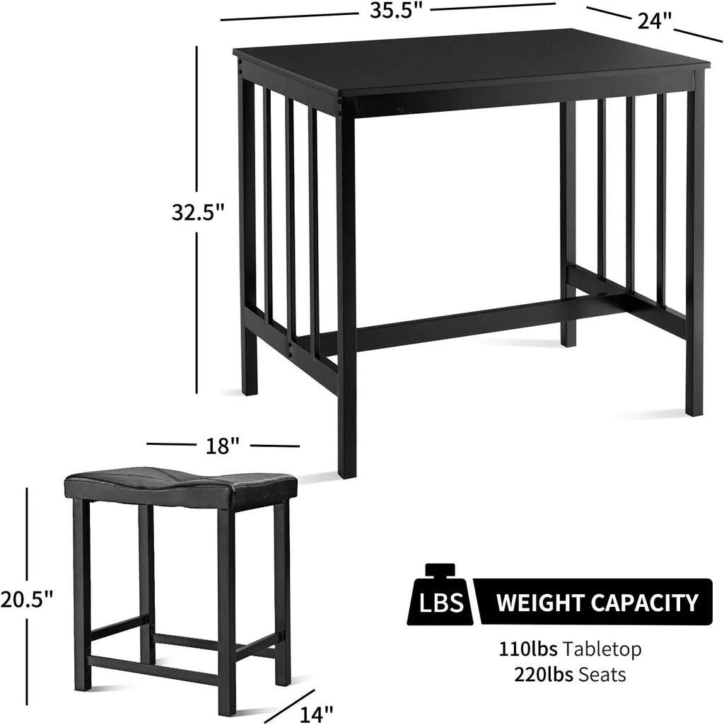 Black 3 Piece Dining Table Set with 2 Faux Leather Backless Stools A671