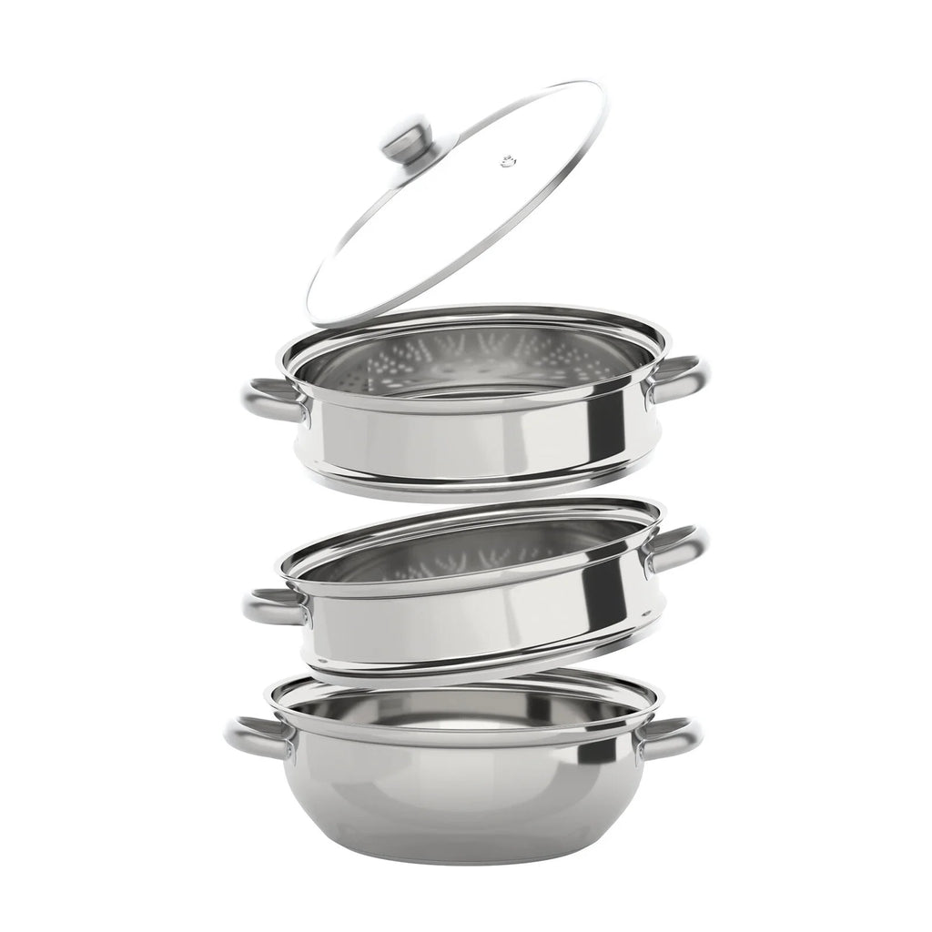 3 Tiers Stainless Steel Steaming Pot with Glass Lid I272503