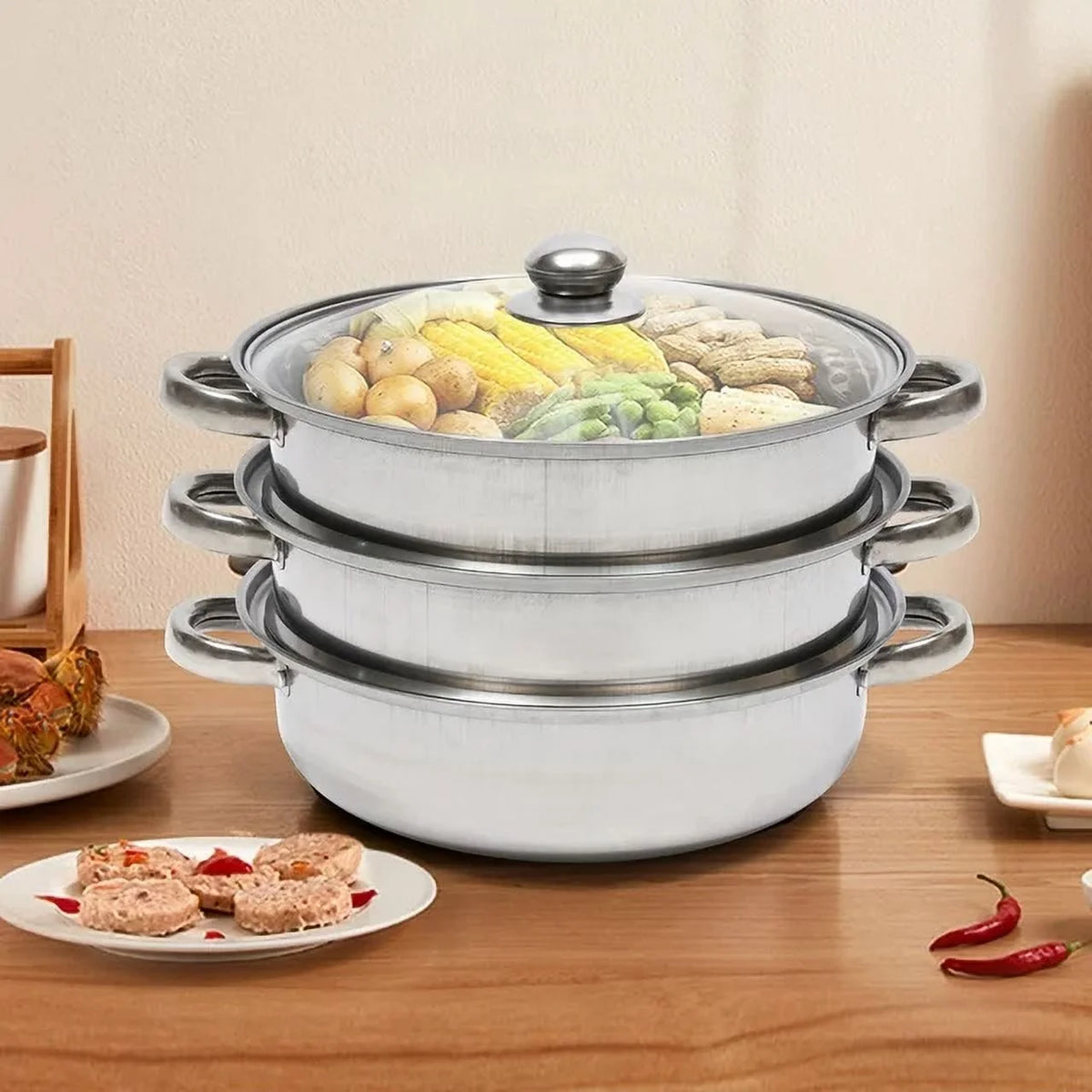3 Tiers Stainless Steel Steaming Pot with Glass Lid I272503