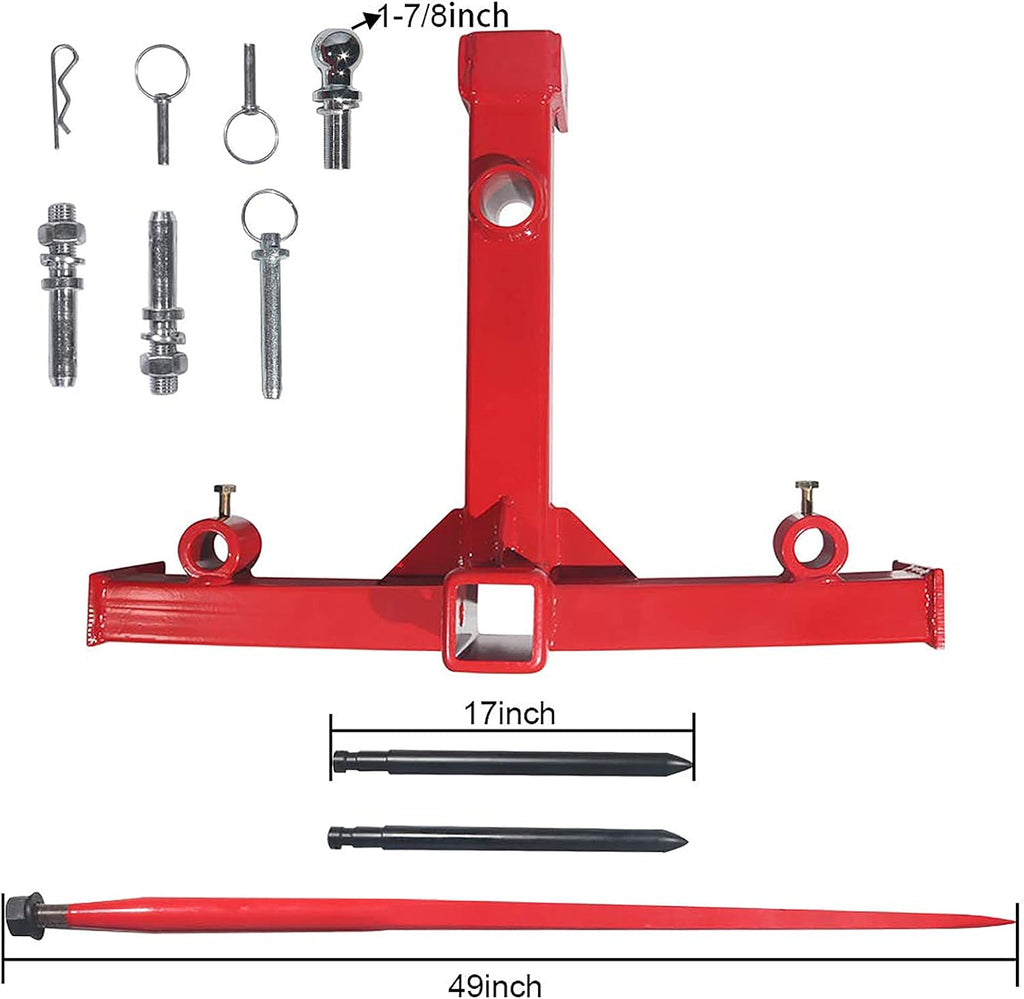 49” Hay Bale Spear 3 Point Trailer Hitch with 2" Receivers for Category 1 Tractors with 2 x 17” Stabilizer Spears 3000lbs Capacity & 1-7/8'' Trailer Ball Gooseneck Drawbar E3905