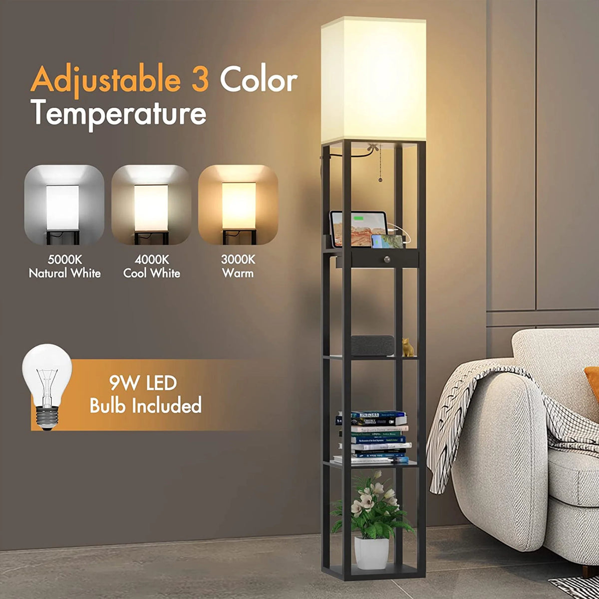 5-Tier Shelf Floor Lamp with Drawer and LED Bulb, Black G377630