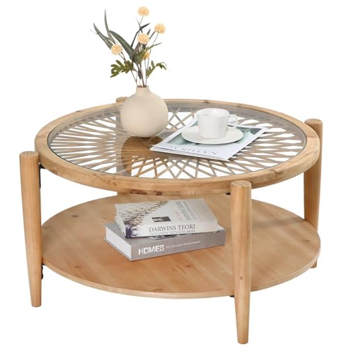 2-Tier Round Rattan Coffee Table with Tempered Glass Top and Wood Legs B3118