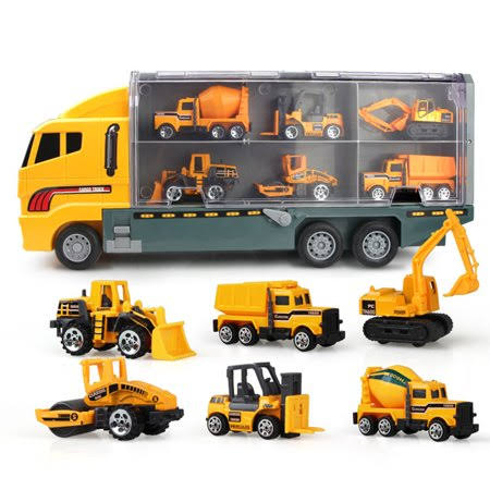 Beige Carrier Truck Toy Car Transporter with 6 Metal Cars Y6937