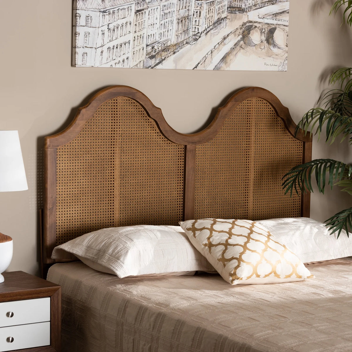 Ash Walnut Finished Wood and Synthetic Rattan King Size Arched Headboard I493768