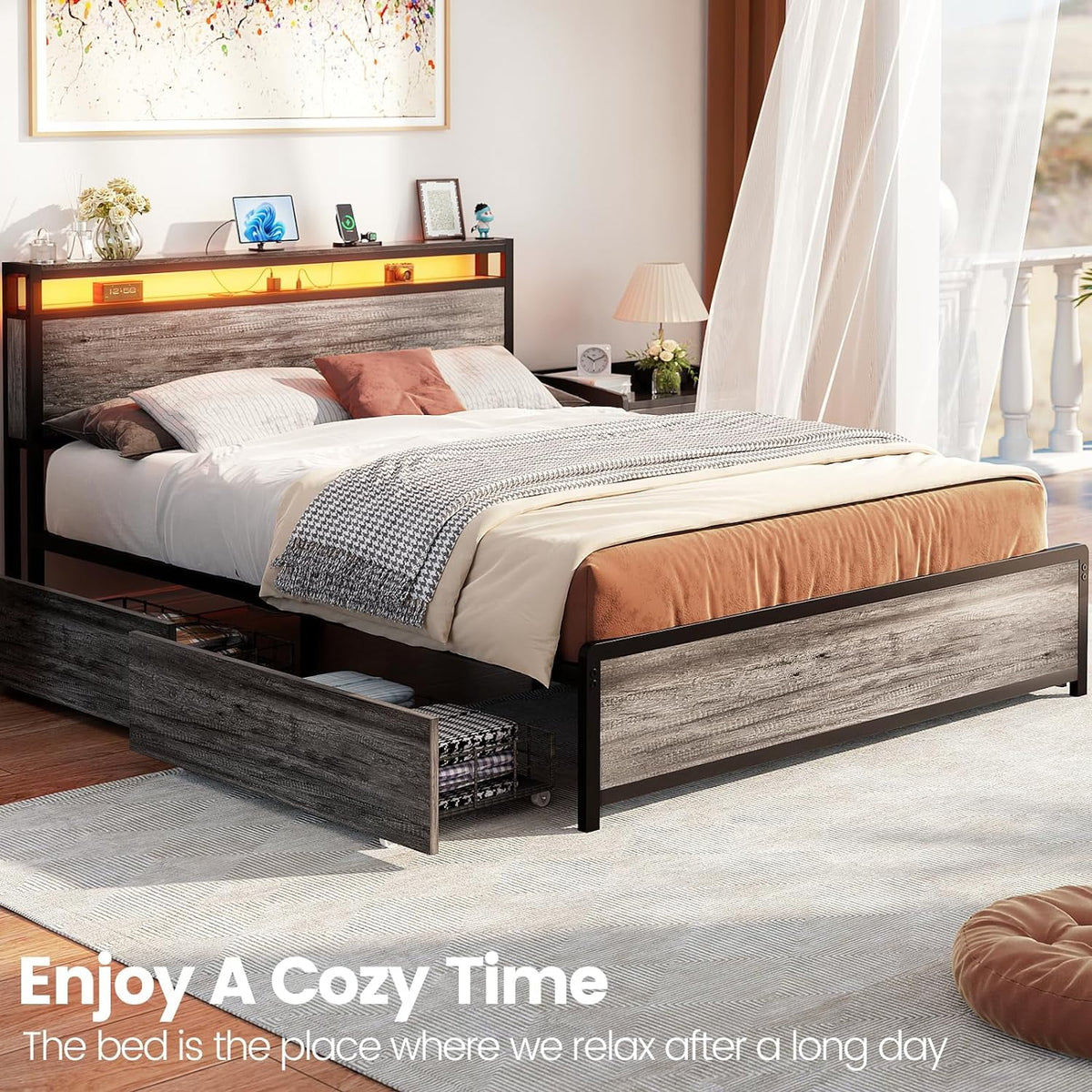 Black Oak Queen Size Bed Frame with 4 Storage Drawers Y82499