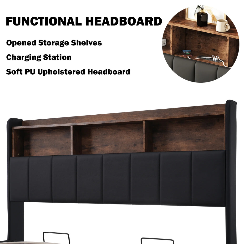 Black Full Size PU Upholstered Platform Bed with Storage Headboard V184174