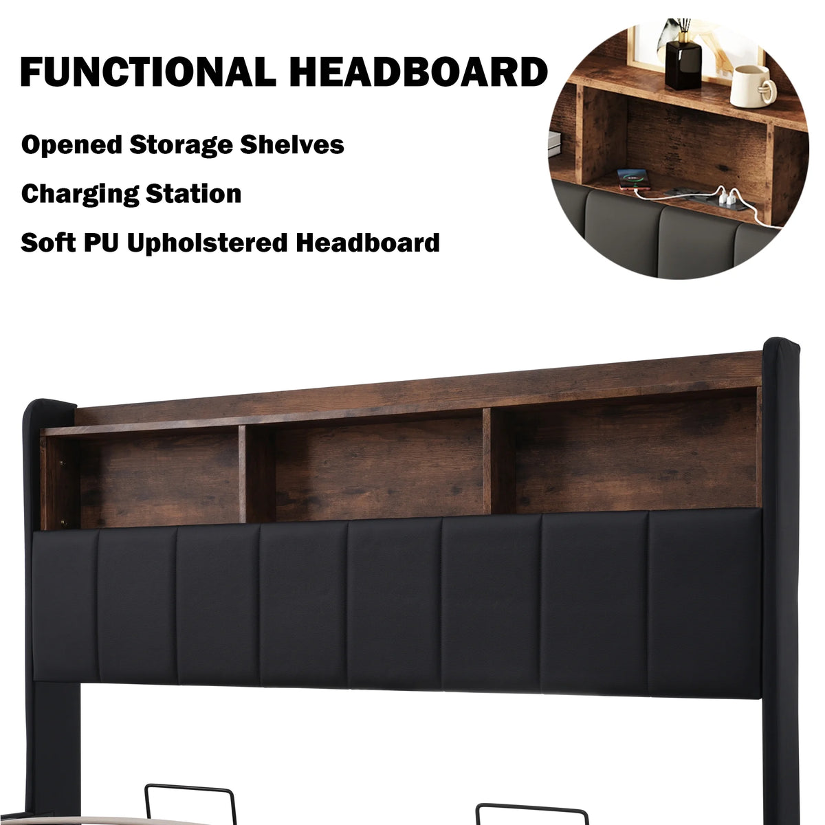 Black Full Size PU Upholstered Platform Bed with Storage Headboard V184174