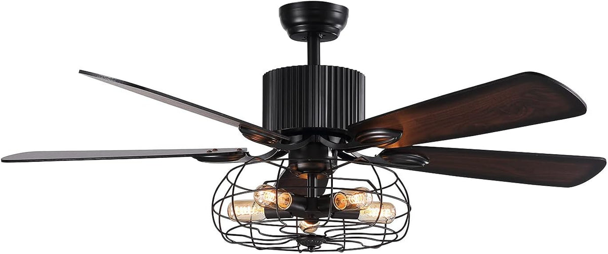 52" Vintage Industrial Ceiling Fan with Light Remote, 5 Reversible Blades Black Cage N219