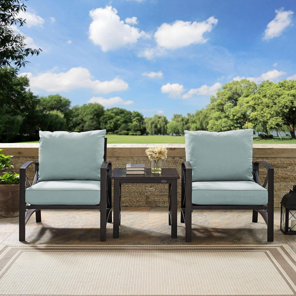 3Pc Outdoor Metal Armchair Set with Side Table N3456
