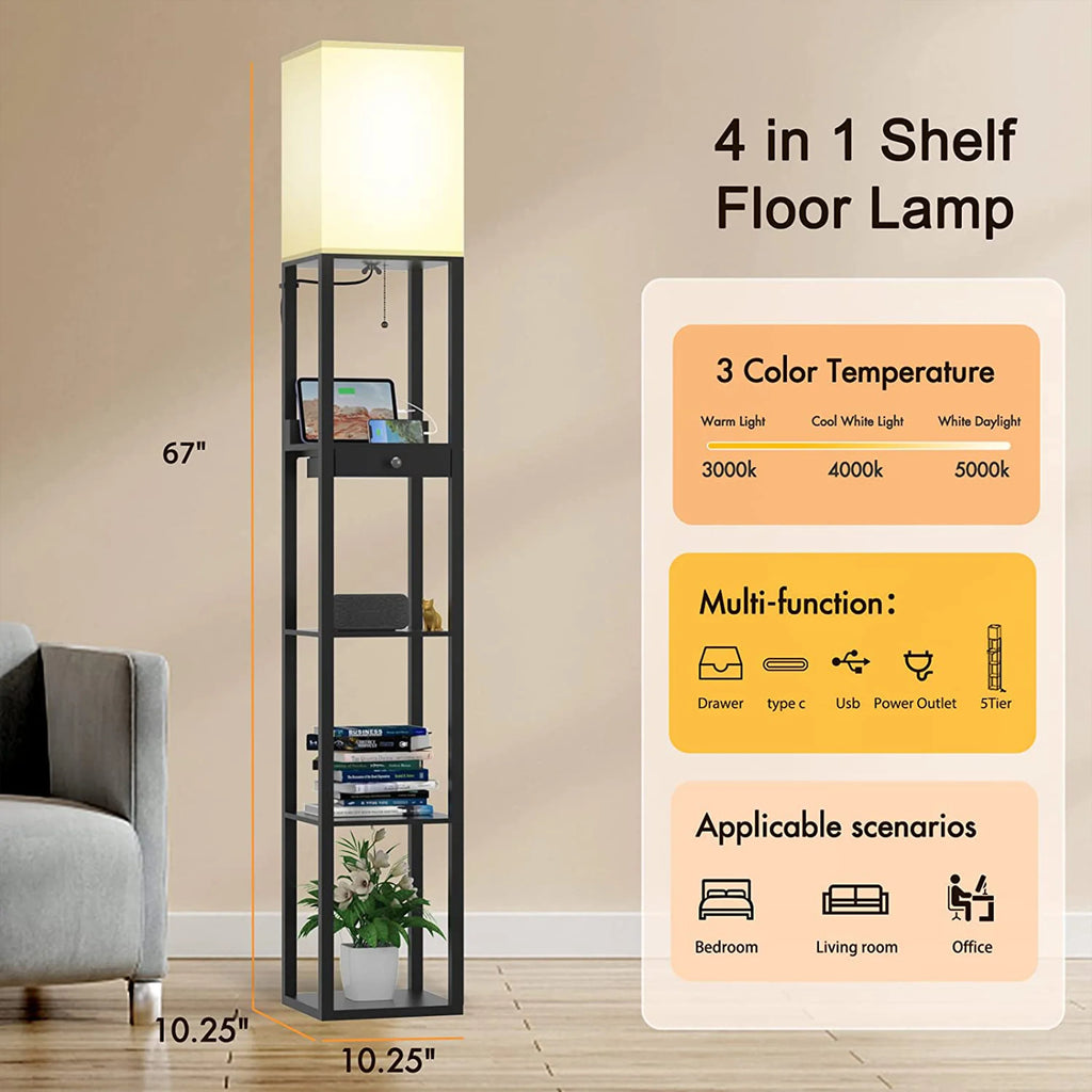 5-Tier Shelf Floor Lamp with Drawer and LED Bulb, Black G377630