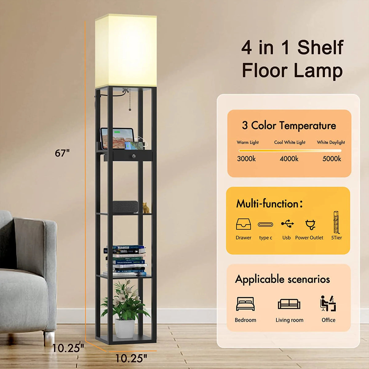 5-Tier Shelf Floor Lamp with Drawer and LED Bulb, Black G377630