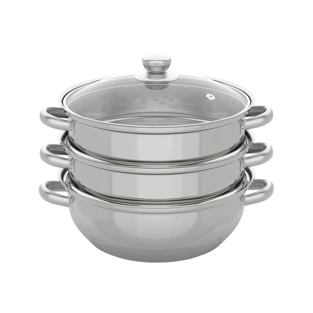 3 Tiers Stainless Steel Steaming Pot with Glass Lid I272503