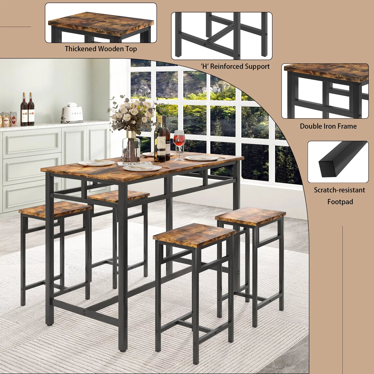 5 Piece Wooden Metal Dining Table and Stools Set J994