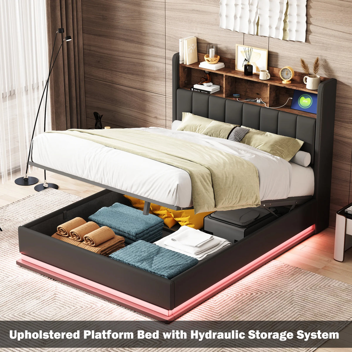 Black Full Size PU Upholstered Platform Bed with Storage Headboard V184174