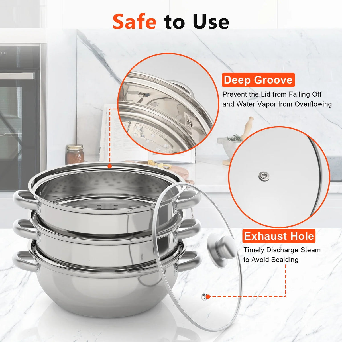 3 Tiers Stainless Steel Steaming Pot with Glass Lid I272503