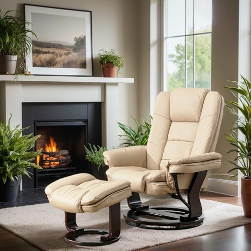 Beige Leather Swivel Recliner Chair with Ottoman E462