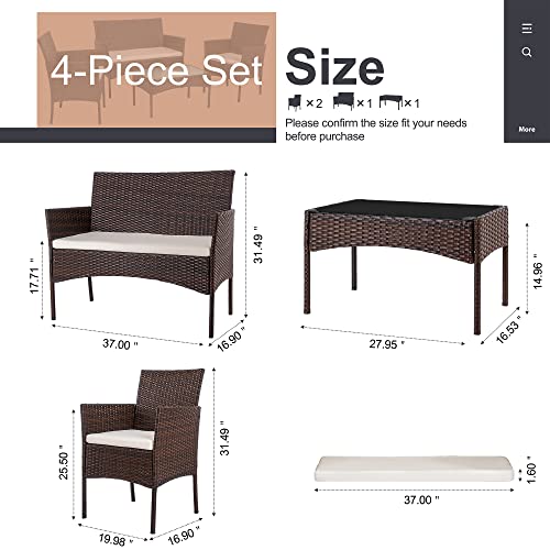 Black 4 Piece Wicker Patio Furniture Set with Tempered Glass Coffee Table J693