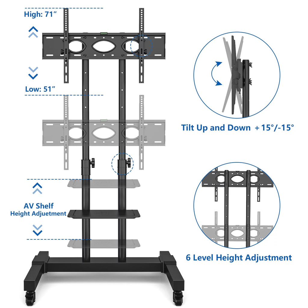 Black Heavy Duty Rolling TV Cart for TVs up to 75 inch N58504