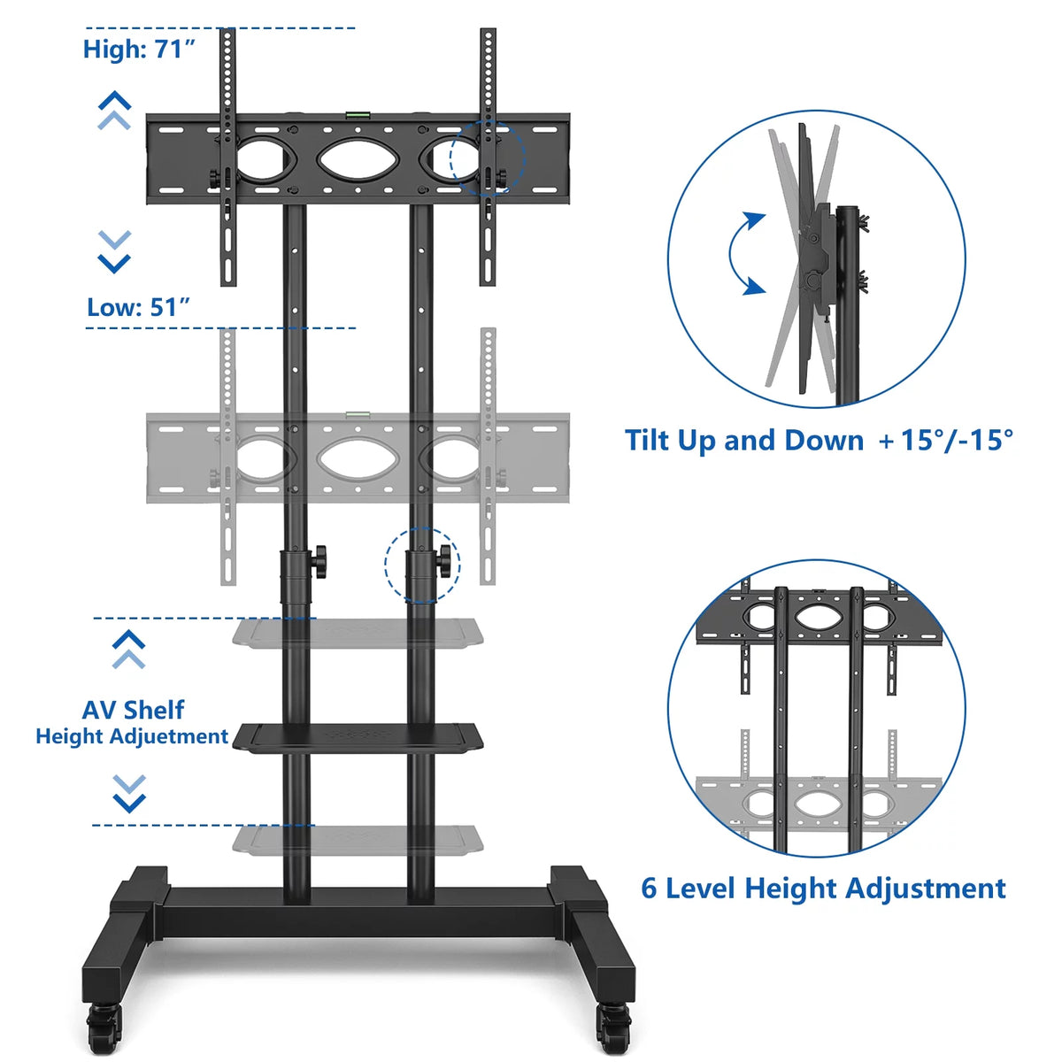 Black Heavy Duty Rolling TV Cart for TVs up to 75 inch N58504