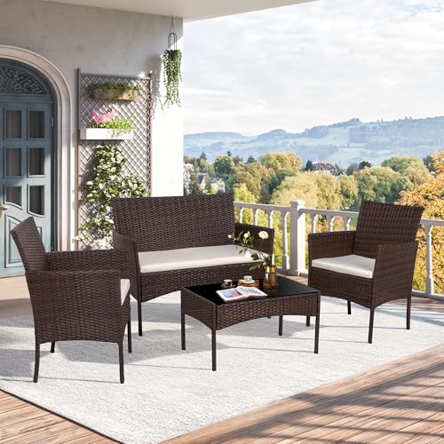Black 4 Piece Wicker Patio Furniture Set with Tempered Glass Coffee Table J693