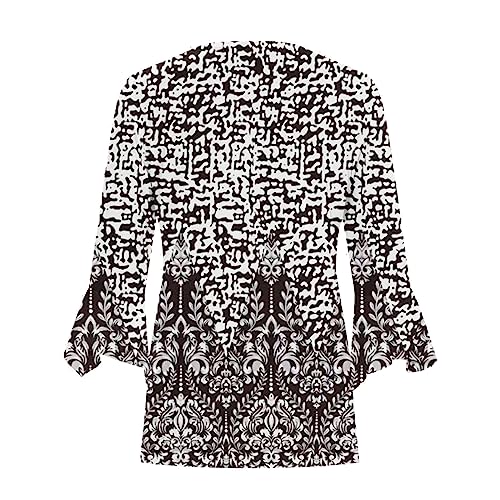 3/4 Sleeve Bell V Neck Graphic T Shirts Button Pleated Tops Floral Blouse L84720