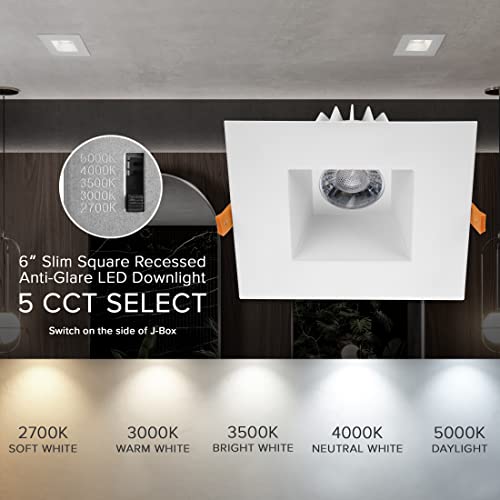 6" Ultra-Thin Recessed LED Downlight Canless IC Rated 1200 Lumens 5 Color Temperature Select Dimmable Square Black Trim 90 CRI R4871