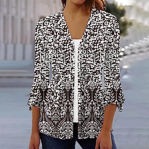 3/4 Sleeve Bell V Neck Graphic T Shirts Button Pleated Tops Floral Blouse L84720