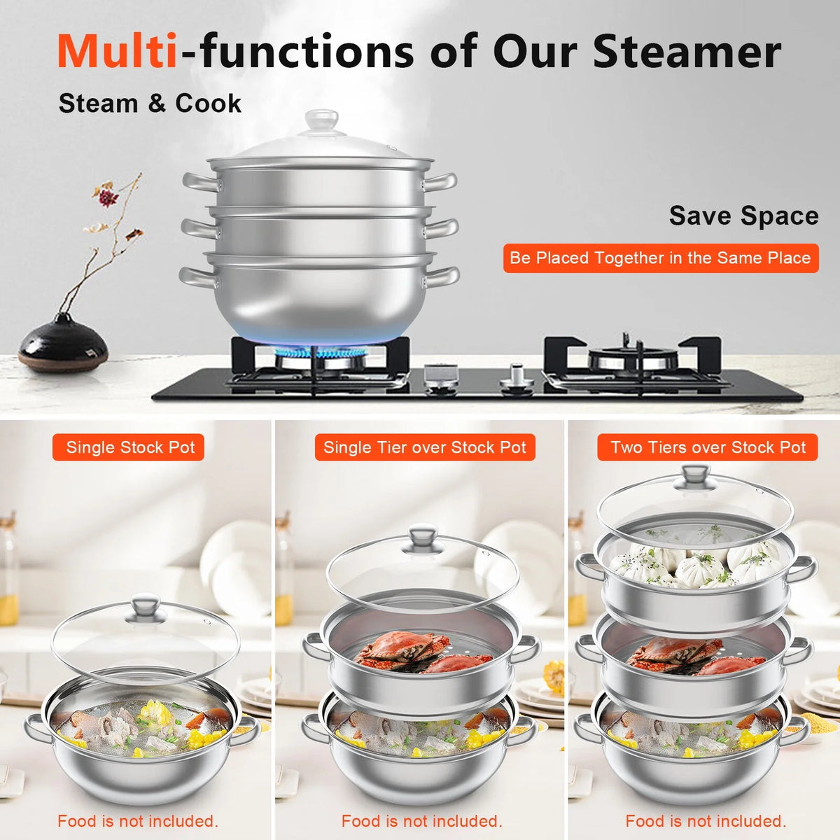 3 Tiers Stainless Steel Steaming Pot with Glass Lid I272503