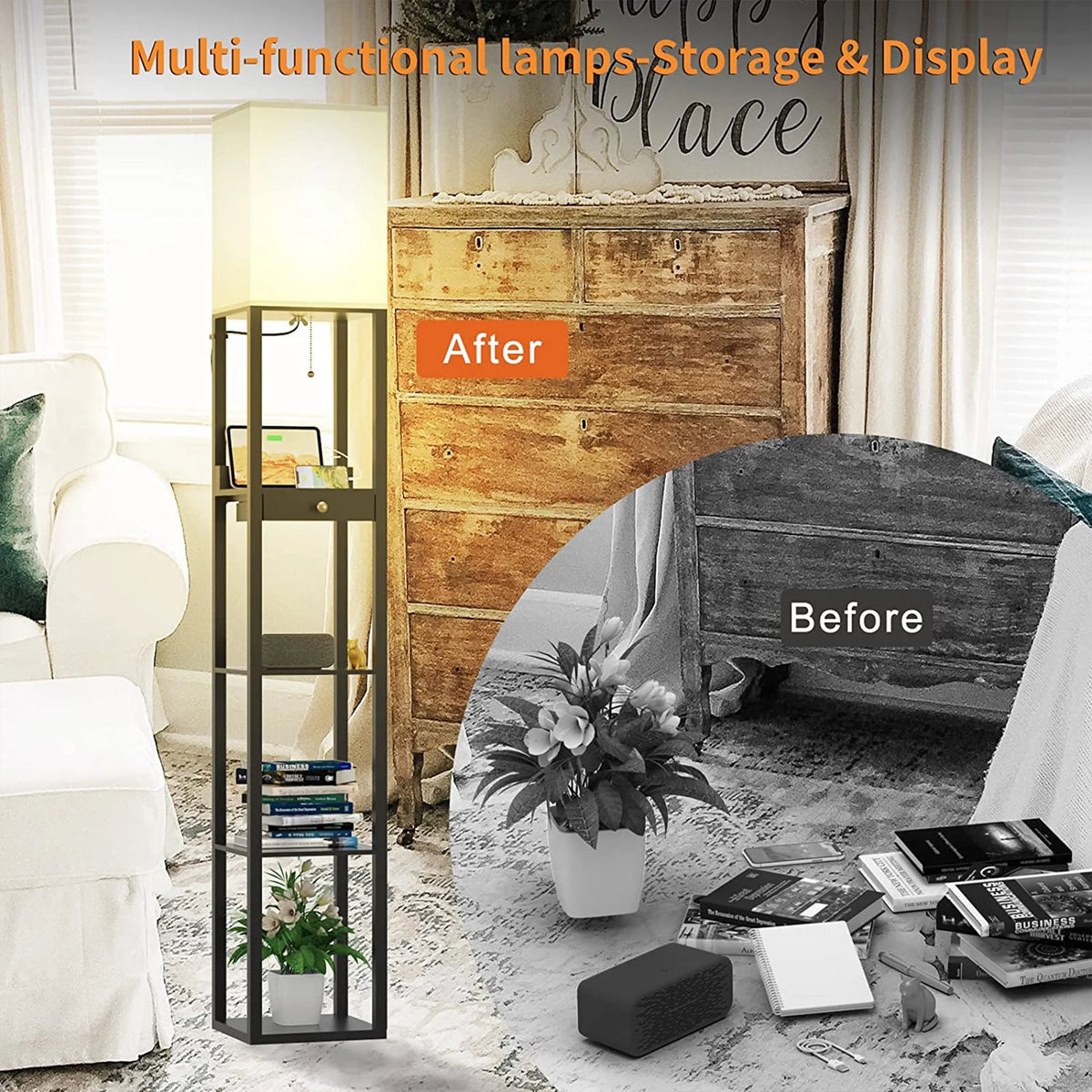 5-Tier Shelf Floor Lamp with Drawer and LED Bulb, Black G377630