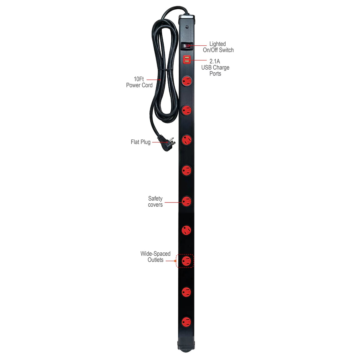 9 Outlet Metal Power Strip with 2 USB Ports D74731