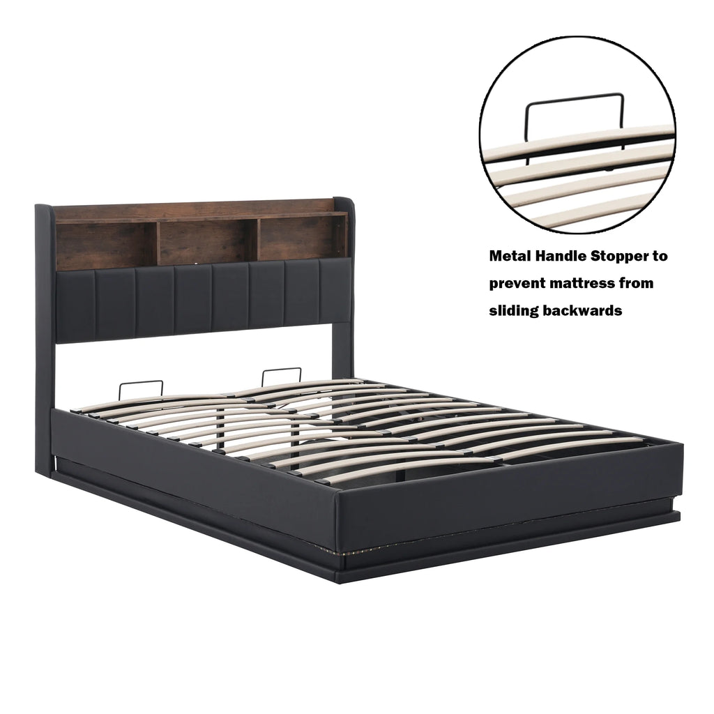 Black Full Size PU Upholstered Platform Bed with Storage Headboard V184174