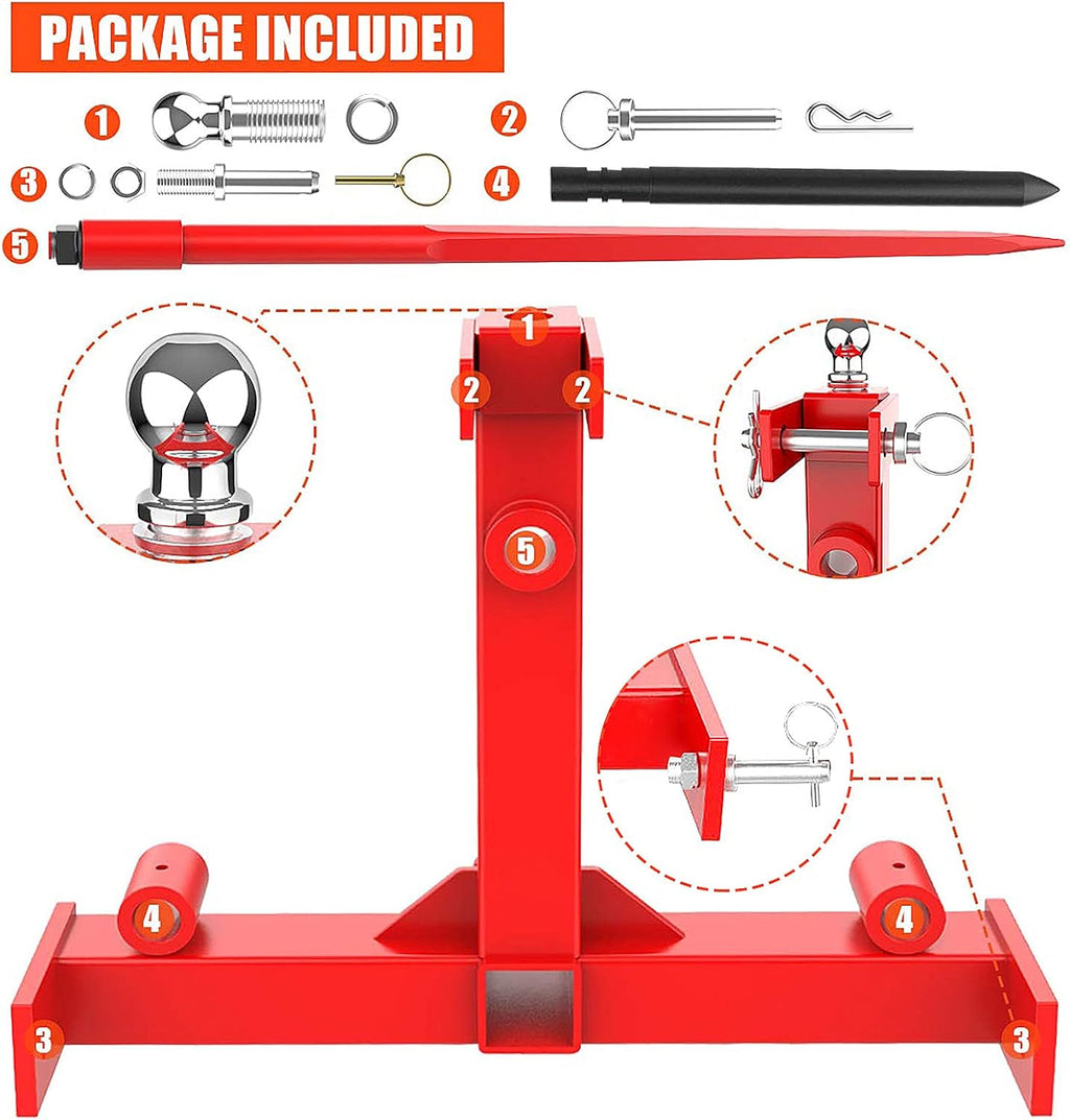 49” Hay Bale Spear 3 Point Trailer Hitch with 2" Receivers for Category 1 Tractors with 2 x 17” Stabilizer Spears 3000lbs Capacity & 1-7/8'' Trailer Ball Gooseneck Drawbar E3905