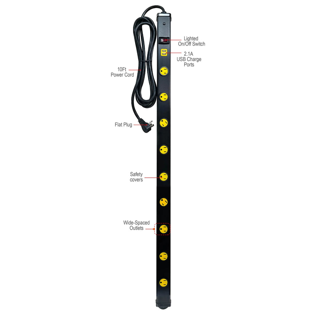 9 Outlet Metal Power Strip with 2 USB Ports D74731