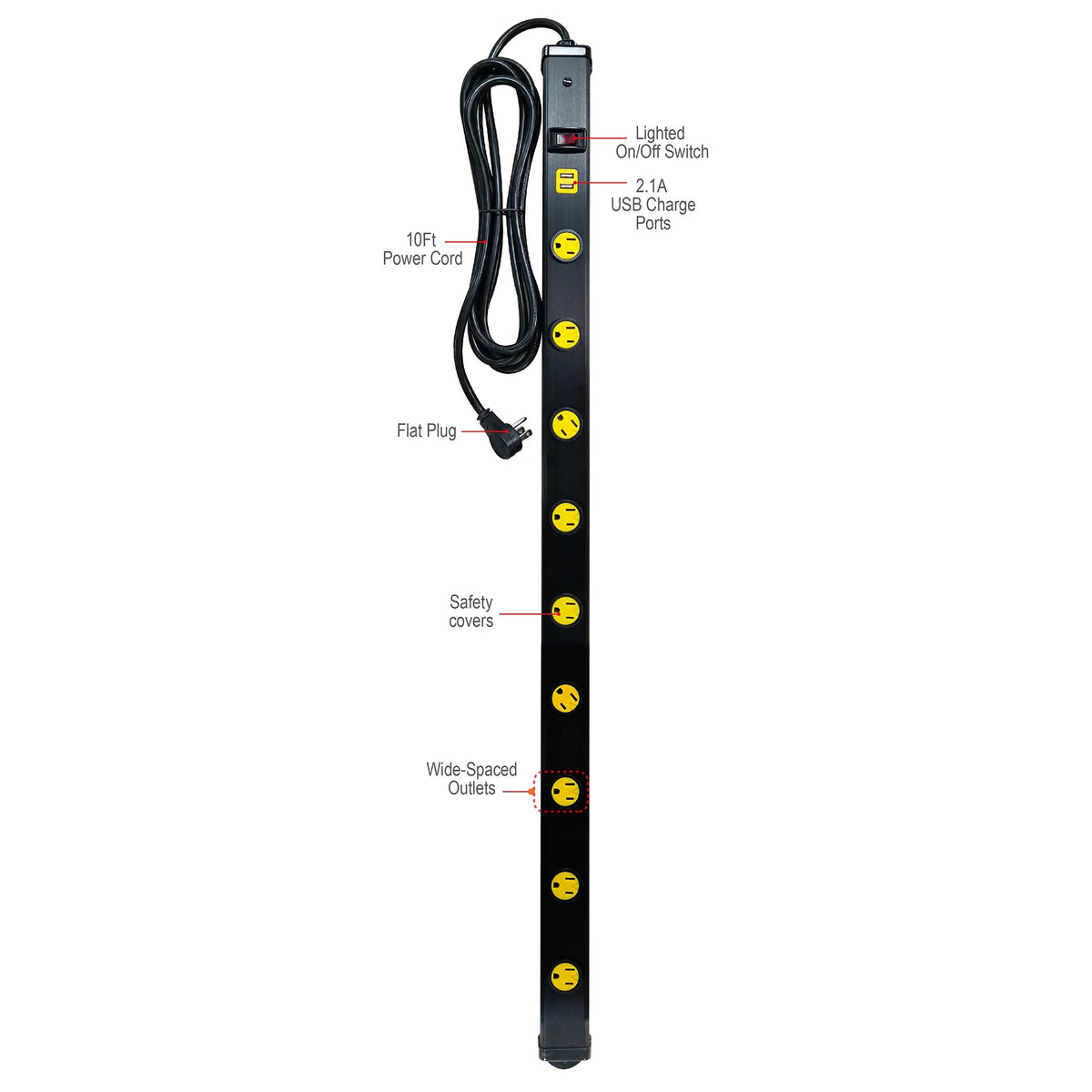 9 Outlet Metal Power Strip with 2 USB Ports D74731